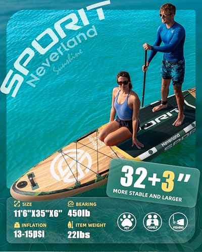 SPORIT 11'6×35" Super Wide Inflatable Stand Up Paddle Board, Ultra Stable SUP Board for Adults, 450lb Capacity with Should...