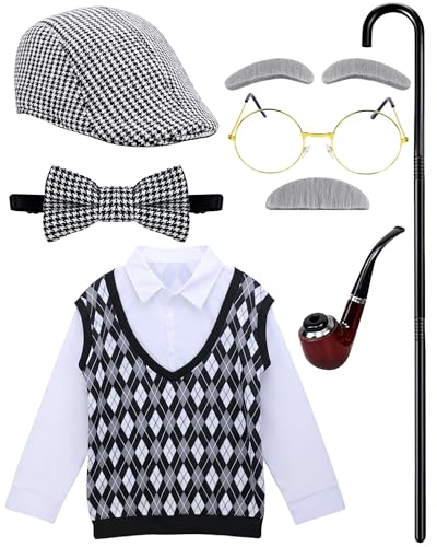 Vivrerizo Old Man Costume for Kids - 7 Pcs Boys 100 Days of School Costume for Grandpa Outfit Dress Up Cosplay
