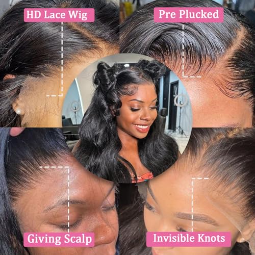 13x6 Lace Front Wigs Human Hair Pre Plucked 180 Density Body Wave HD Lace Front Wigs Natural Color Glueless Hair wig for Women 28 Inch