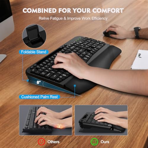 Wireless Keyboard and Mouse Combo, Wave Keys Full-Sized Ergonomic Keyboard with Cushioned Plam Rest, Phone Holder, Comfort...
