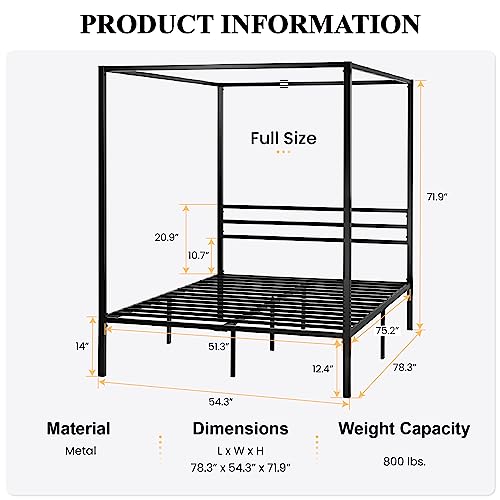 SHA CERLIN Canopy Bed Frame Full Size/Mattress Foundation with Metal Slats Support/No Box Spring Needed/Easy Assembly/Black