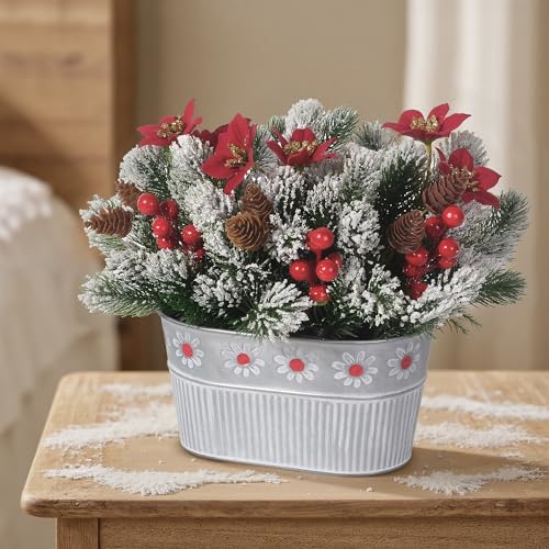 Christmas Centerpiece Table Decorations Artificial Norfolk Pine Branches with Poinsettia Flowers, Pine Cones & Berries in ...