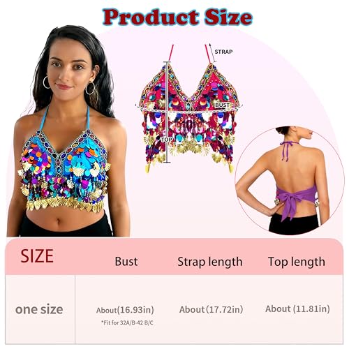 Wuchieal Sequin Halter Bra Tops Salsa Belly Dance Boho Festival Clubbing Tribal Bra Gold Shell Top