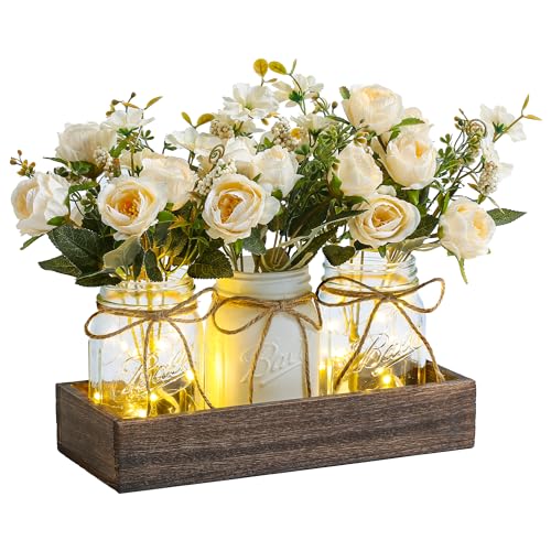 DUOER 3 Pcs Mason Jar Centerpiece Table Decorations for Dining Table Decor Farmhouse Coffee Table Decor with Wood Tray and...