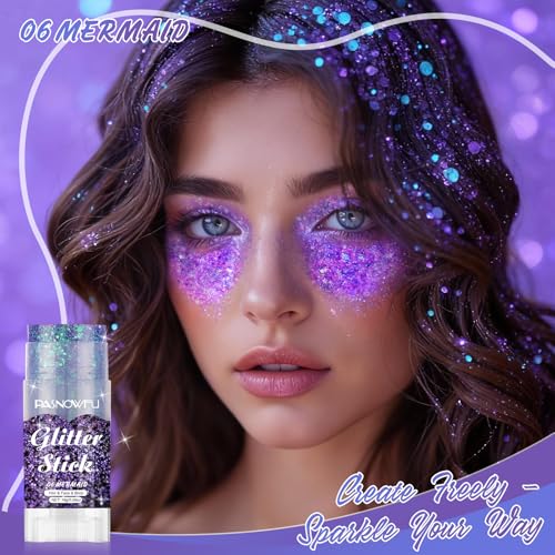 PASNOWFU Purple Body Glitter Stick, Mermaid Style Face Glitter for Women and Girls, Gel Texture Mermaid Costume Accessorie...