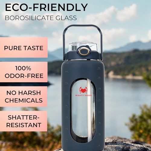 MIGHTY VESSEL 64 oz Glass Water Bottle – Dark Blue | Large Borosilicate Glass Jug with Straw & Time Marker – Leakproof, Tr...