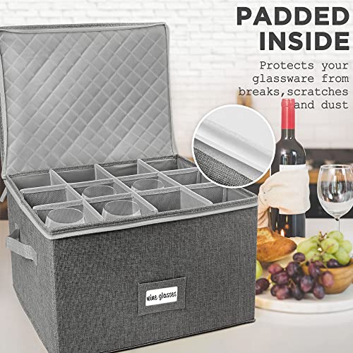 LotFancy Stemware Storage Container, Hard Shell, Stackable Wine Glass Storage Box with Dividers & Handles, Crystal Glasswa...