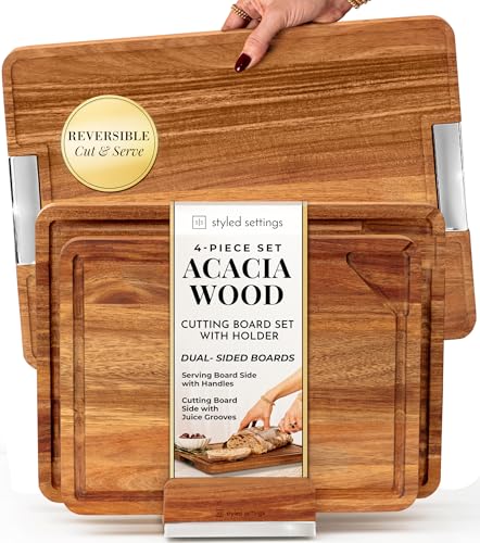 Acacia Wood Cutting Board Set with Holder – 4 Piece Wooden Cutting Board Set with Stand – Reversible Charcuterie Tray with...