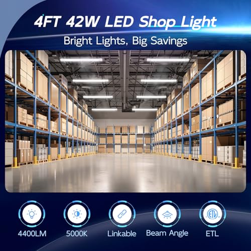 hykolity 4 Pack Linkable LED Shop Light, 4FT 42W [250W Equivalent], 4400lm, 5000K Daylight, with Plug, Utility Light Fixtu...