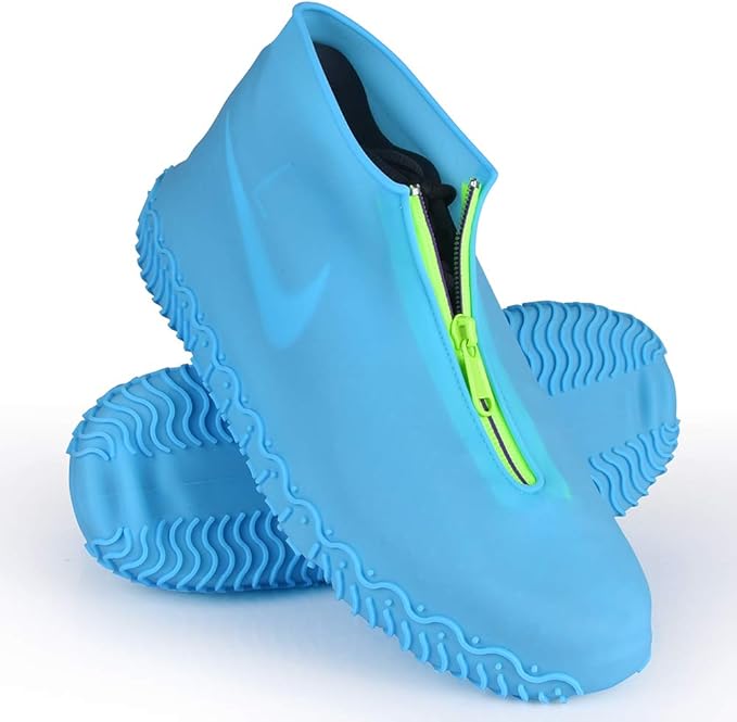 Silicone Waterproof Shoe Covers, Upgrade Reusable Overshoes with Zipper, Resistant Rain Boots Non-Slip Washable Protection for Women, Men (L (Women 7.5-10.5, Men 6.5-9), Blue)