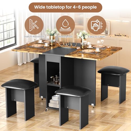 furlinkhm Folding Dining Table Set for 4, Dinner Table with 4 Leather Chairs and Shelves, Space Saving Foldable Dining Tab...