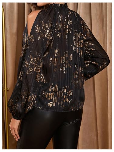 GORGLITTER Women's Cold Shoulder Tops Blouse Fall Dressy Casual Lantern Long Sleeve Mock Neck Pleated Work Shirt Tops