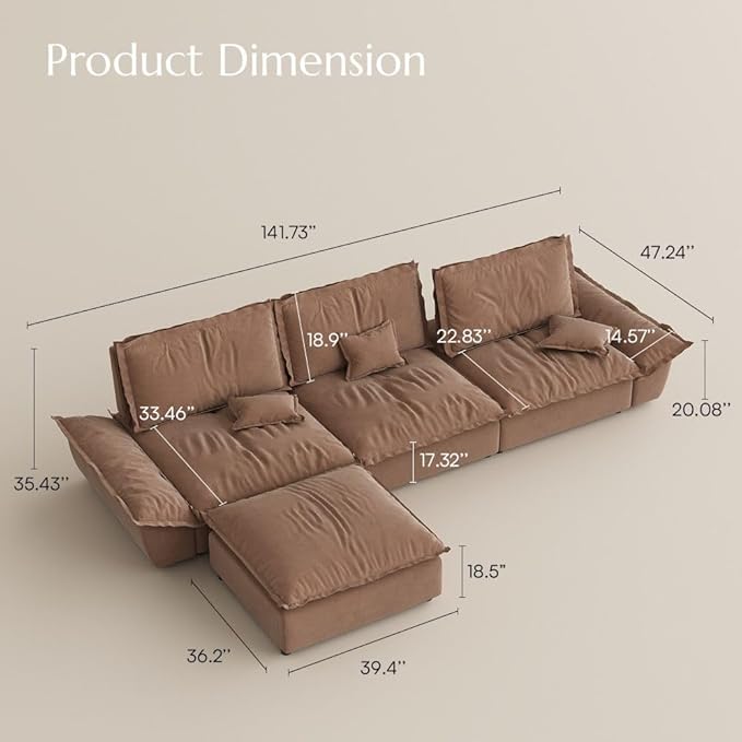 POVISON Oversized Modular Sectional Sailboat Sofa for Living Room with Adjustable Backrest Sectional Couches Large Deep Sofa Set 3 Seats Big with Ottoman Comfy Cloud Couch for House Office