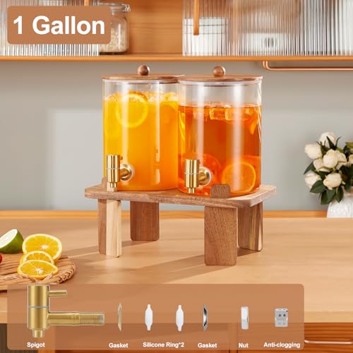 2 PCS 1 Gallon Drink dispenser, Glass Beverage Dispenser With Wood Stand, Large Water Drink Dispensers for Parties With St...