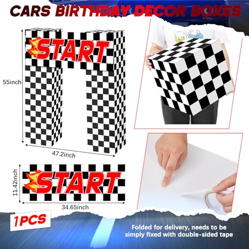 Saypacck 9 Pcs Race Car Birthday Party Decoration Checkered Flag Cardboard Kit Racing Theme 35.4 in Background 11.8 in Box...