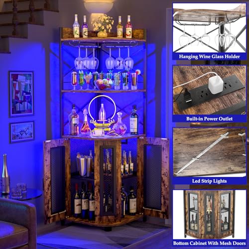 Aheaplus Corner Bar Cabinet with Power Outlet, Industrial Wine Cabinet with LED Strip and Glass Holder, 5-Tiers Liquor Cab...
