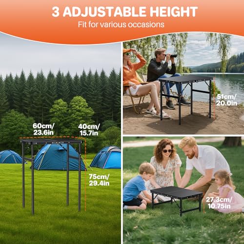 FUNYKICH Max 29.4'' Tall Camping Tables(23.6''Lx15.7''W), 3 Adjustable Height Small Folding Table, Ultra-Light Aluminum Po...