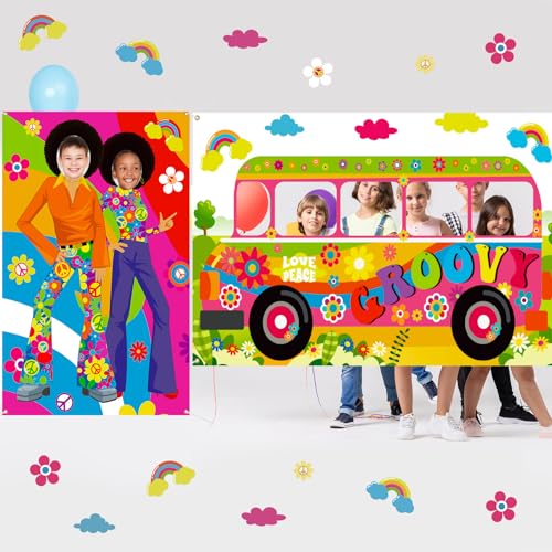 Buryeah 2 Pcs 60's Theme Party Decorations Hippie Bus Photo Prop Hippie Theme Party Backdrop Groovy Selfie Frame Banner fo...