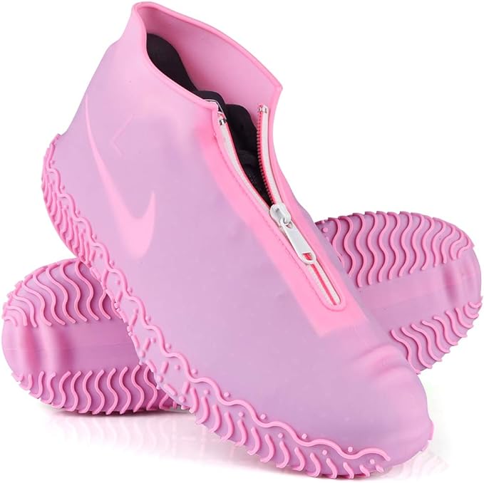 Waterproof Shoe Covers, Silicone Reusable Shoe Cover Non-slip Durable Zipper Elastic Rain Cover Protection for Men Women (M (Women 5-7, Men 5-6), Pink)