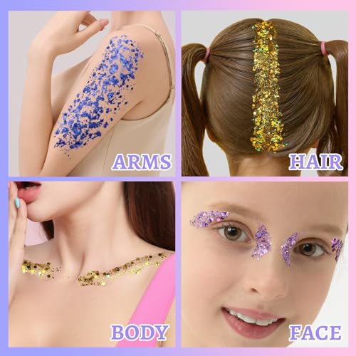 Teenitor Body Glitter Face Glitter Hair Glitter for Kids Women, 6 Colors Face, Body Hair Glitter Gel, Makeup Glitter for H...