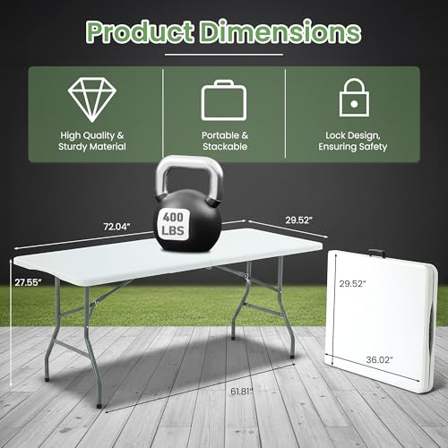 LING RONG Folding Table 6FT Portable Heavy Duty Plastic Table with Carrying Handle Fold-in-Half Utility Foldable Tables fo...