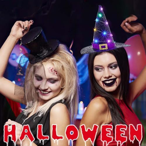 Firuilo Light Up Halloween Headband Glowing Witch Hat Headbands Day of the Dead Headpieces Halloween Costume Dress Up Part...