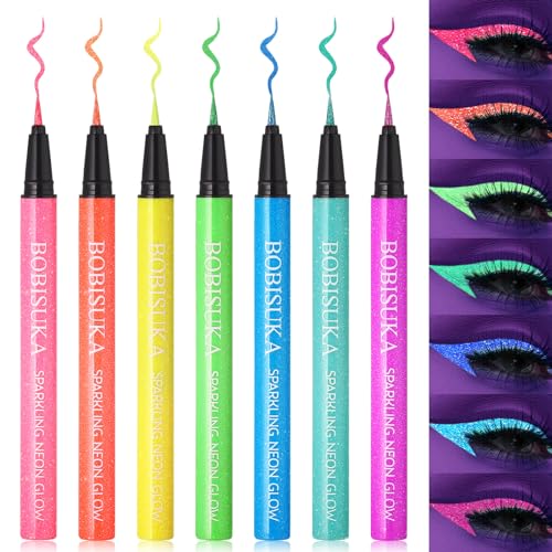 BOBISUKA 7 Colors Neon Eye Liner: UV Glitter Liquid Eyeliner Pencil - Colorful Waterproof Eyeshadow - Rainbow Smudge-proof...