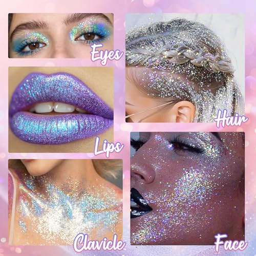 CAHOTO Pastel Rolling Glitter for Face Body & Hair, Sparkling Holographic Chunky Shimmer, Roll-on Sequins for Singer Conce...