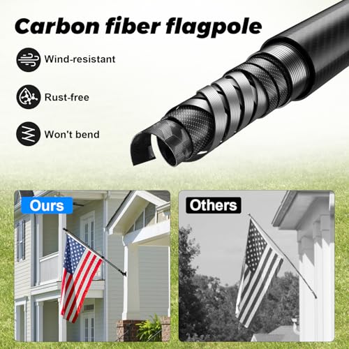 Msnaile 6FT Carbon Fiber Flag Pole, Flagpole for Outside House, Porch Flagpoles, Tangle Free Black Flag Pole Kit, Wind-Res...