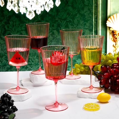 Domensi 24 Pack Plastic Wine Glasses Disposable 13 oz Ribbed Wine Glasses with Stem Unbreakable Reusable Cocktail Cups for...