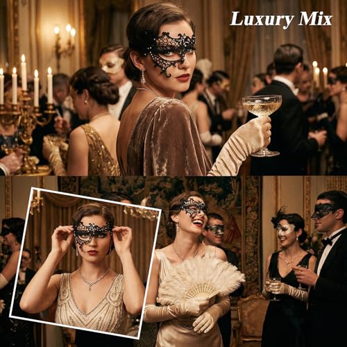 Telooco Black Masquerade Mask for Women Rhinestone Lace Masquerade Mask Sparkly Half Eye Masks for Mardi Gras Cosplay Cost...