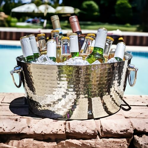 BREKX Hammered Stainless-Steel Beverage Tub, Double-Walled Insulated Anchored Drink Tub & Ice Bucket with Double Hinged Ha...