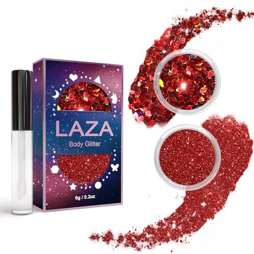Laza 2 Jars Body Glitter for Valentine’s Day Hair Accessories Heart Glitter Chunky Sequins with Glitter Glue for Women Eye...