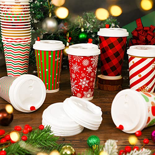 WILLBOND 60 Pcs Hot Chocolate Coffee Cups Christmas Party Favor Gift Disposable Coffee Cups 16 oz Holiday Hot Cocoa Bar Ki...