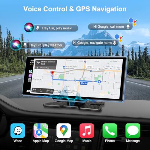Wireless Carplay Screen for Car 1080p Backup Camera, 10.26" Portable Car Play & Android Auto Touch Screen with 4K Dash Ca...