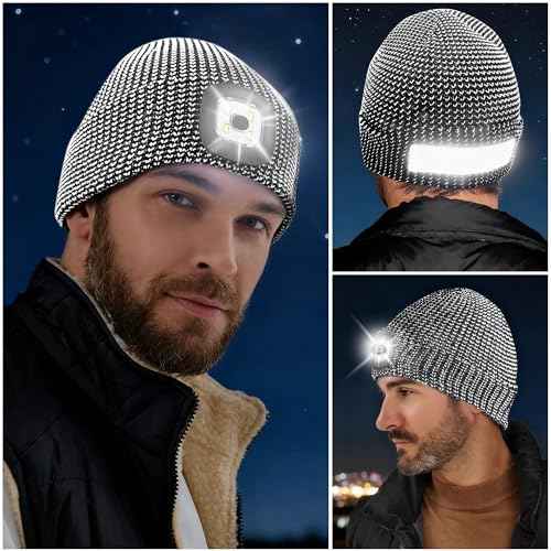 Babalet Beanie Hat with Light, Rechargeable LED Reflective Knitted Headlamp Caps, Warm Winter Gifts for Men Women