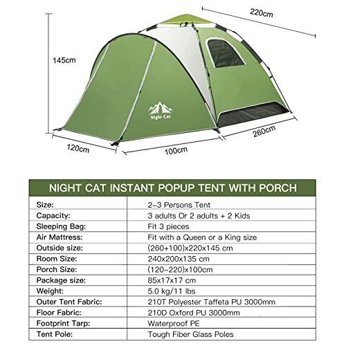 Night Cat Instant Popup Tents 2-3 Persons with Footprint Tarp Easy Setup Camping Tent with Rainfly Double Layers Waterproo...