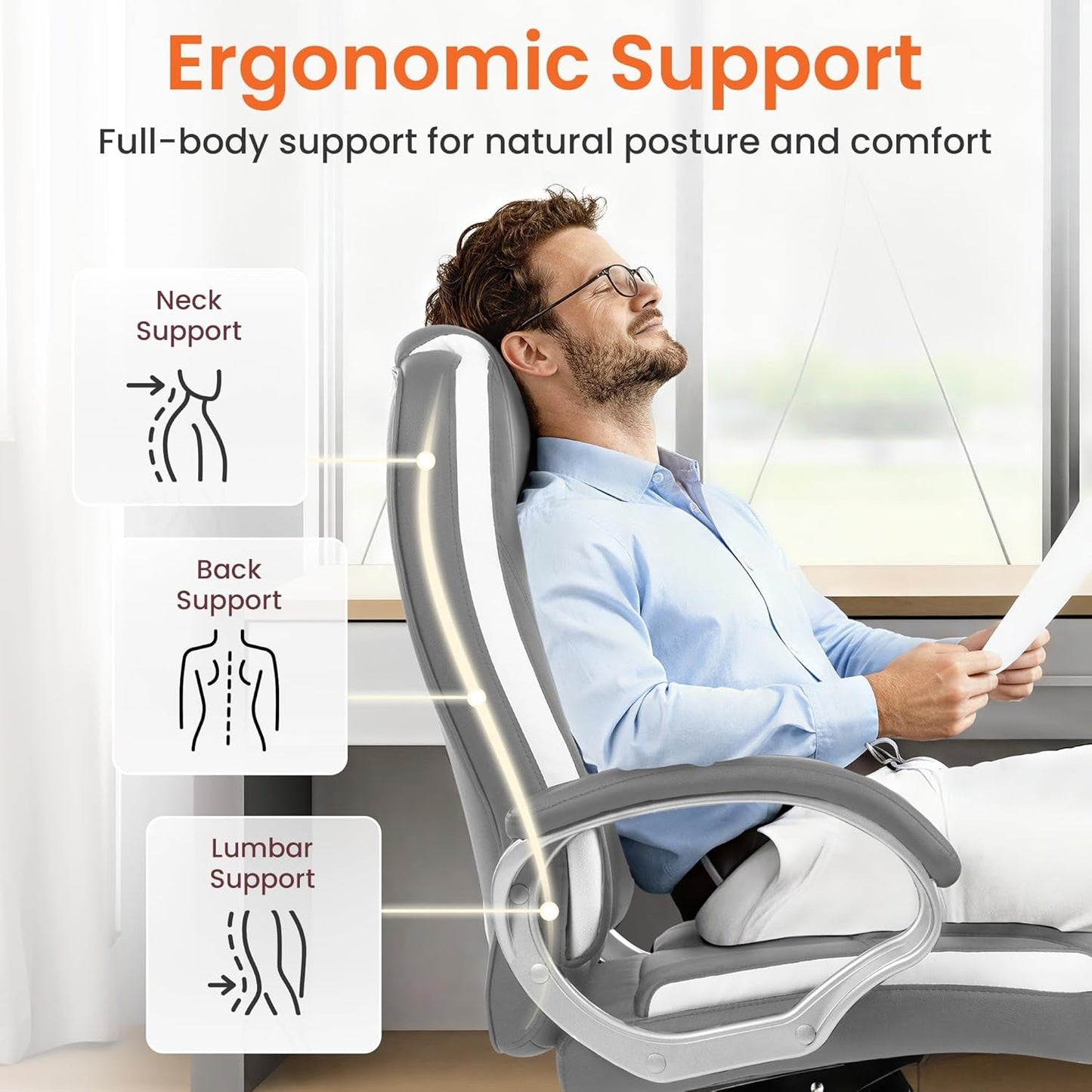 Office Desk Ergonomic Gaming Chair High Back Adjustable Computer Chair with Wheels and Lumbar Support Comfy Leather Executive Swivel (Grey)