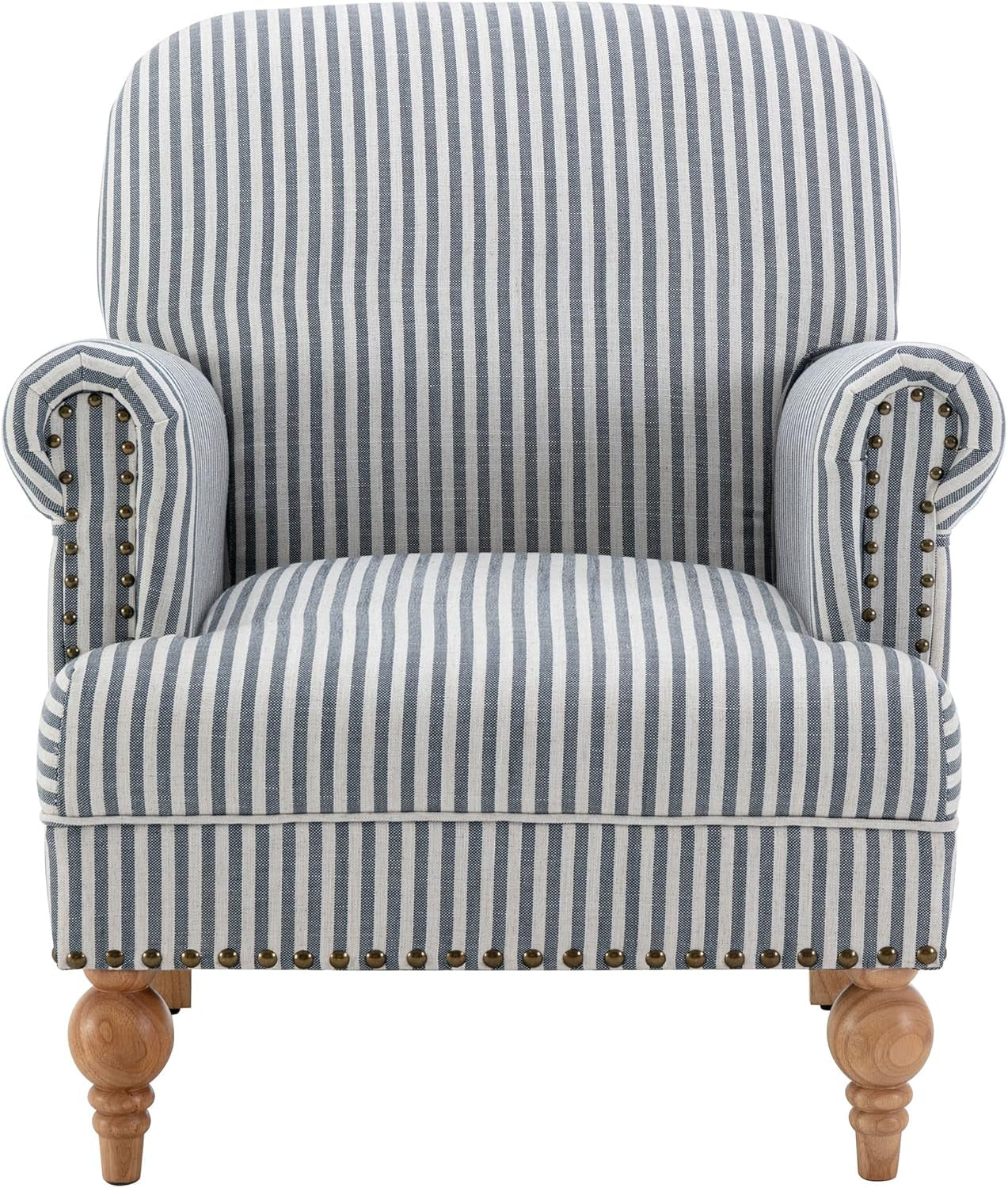 Mid Century Modern Accent Chair Linen Fabric Armchair Wide Reading Chairs Upholstered Lounge Chair for Bedroom/Living Room/Reception Room, Blue Stripe