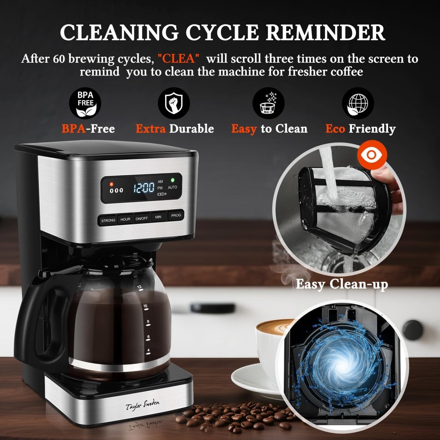Programmable Coffee Makers 12 Cup, Hot and Iced Coffee Maker, 4 Brew Strength, LED Display, 24H Timer, Keep Warm&Auto Shutoff- Drip Coffee Machine for Home/Office, Black &Stainless Steel