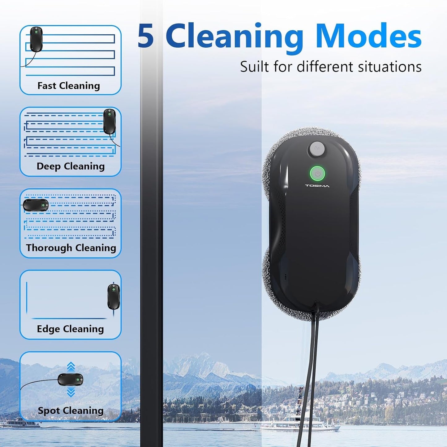 W5 Window Cleaning Robot, Dual Direction Auto-Spray Smart Window Cleaner with Triple Safety System, Smart Navigation, Remote Control, for All Smooth Surfaces, with 8 Rags, Black