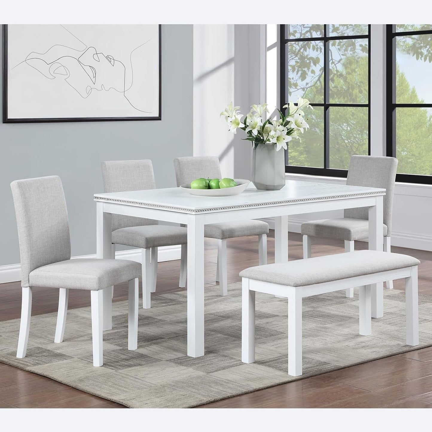 6 Piece Solid Wood Dining Set, Farmhouse Kitchen Table Set with 4 Upholstered Chairs & Bench for Kitchen, Dining Room, White
