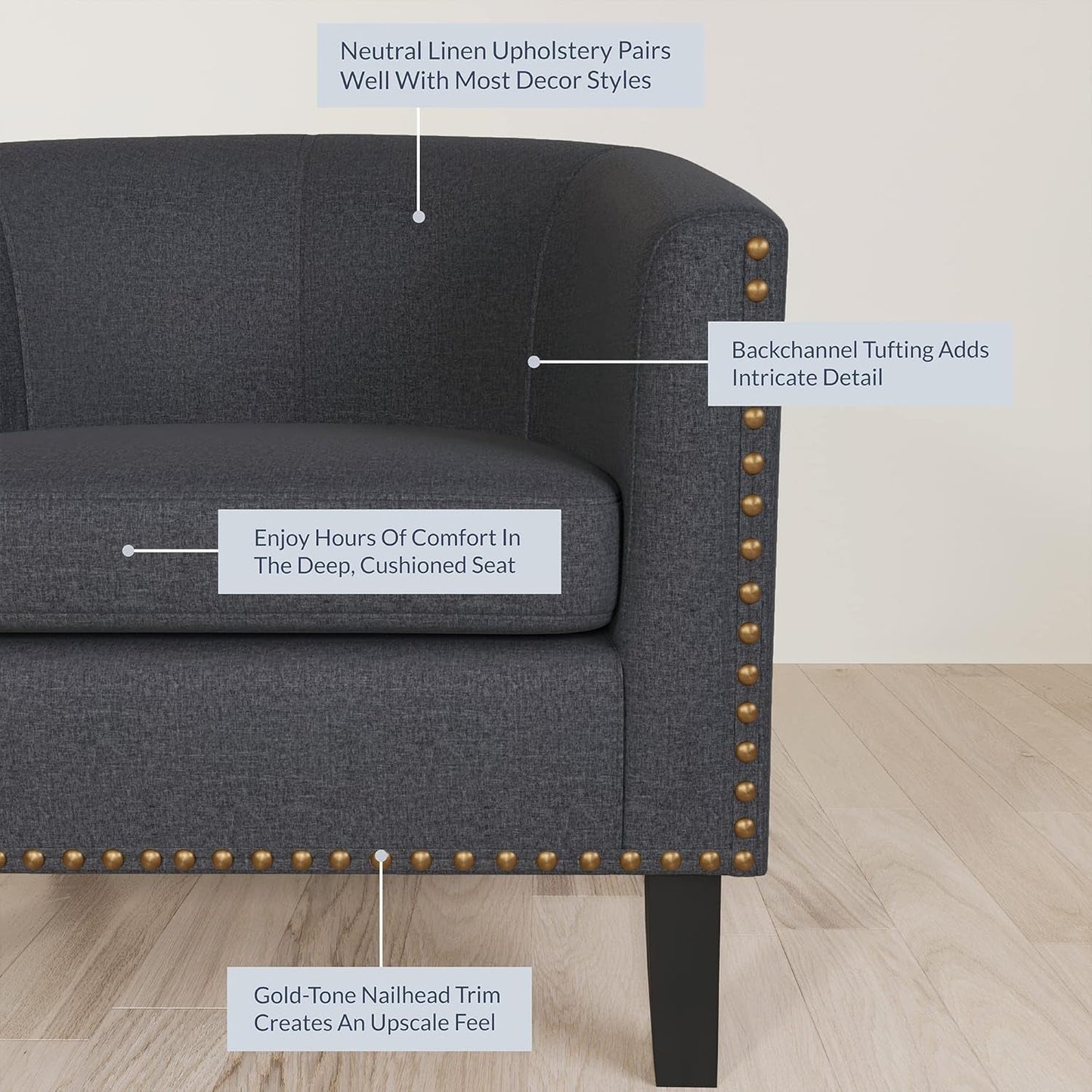 Accent Barrel Chair, Modern Tub Club Chair Upholstered Armchair with Gold Nail Head Trim and Black Legs for Living Room Bedroom Apartment Lounge - Gray/Linen