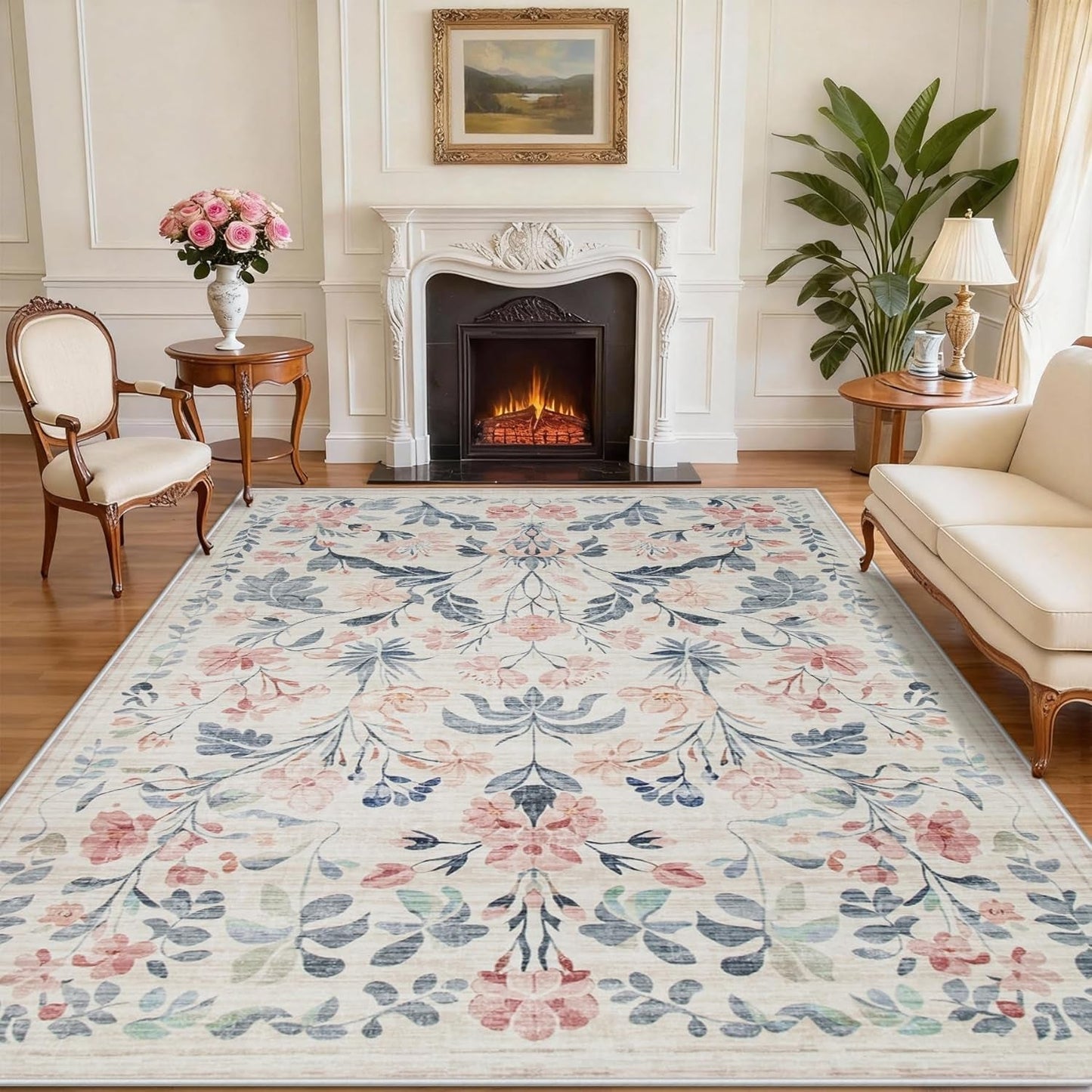 8X10 Area Rugs Washable Rug: Lagre Boho Living Room Rug Soft Non-Slip Thin Carpet Indoor Floor Non-Shedding Neutral Floral Carpets for Bedroom Dining Room Farmhouse Nursery Multi