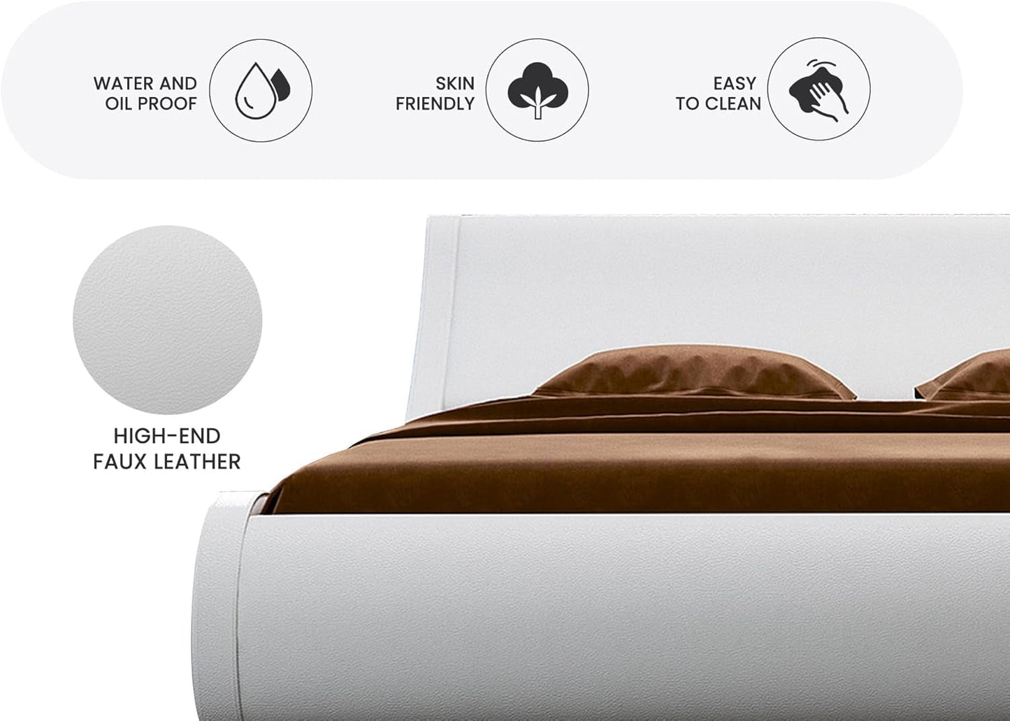 Modern Low Profile Platform Bed Frame Queen Size, Stylish Faux Leather Upholstered Sleigh Bed with Adjustable Headboard, No Box Spring Needed, White