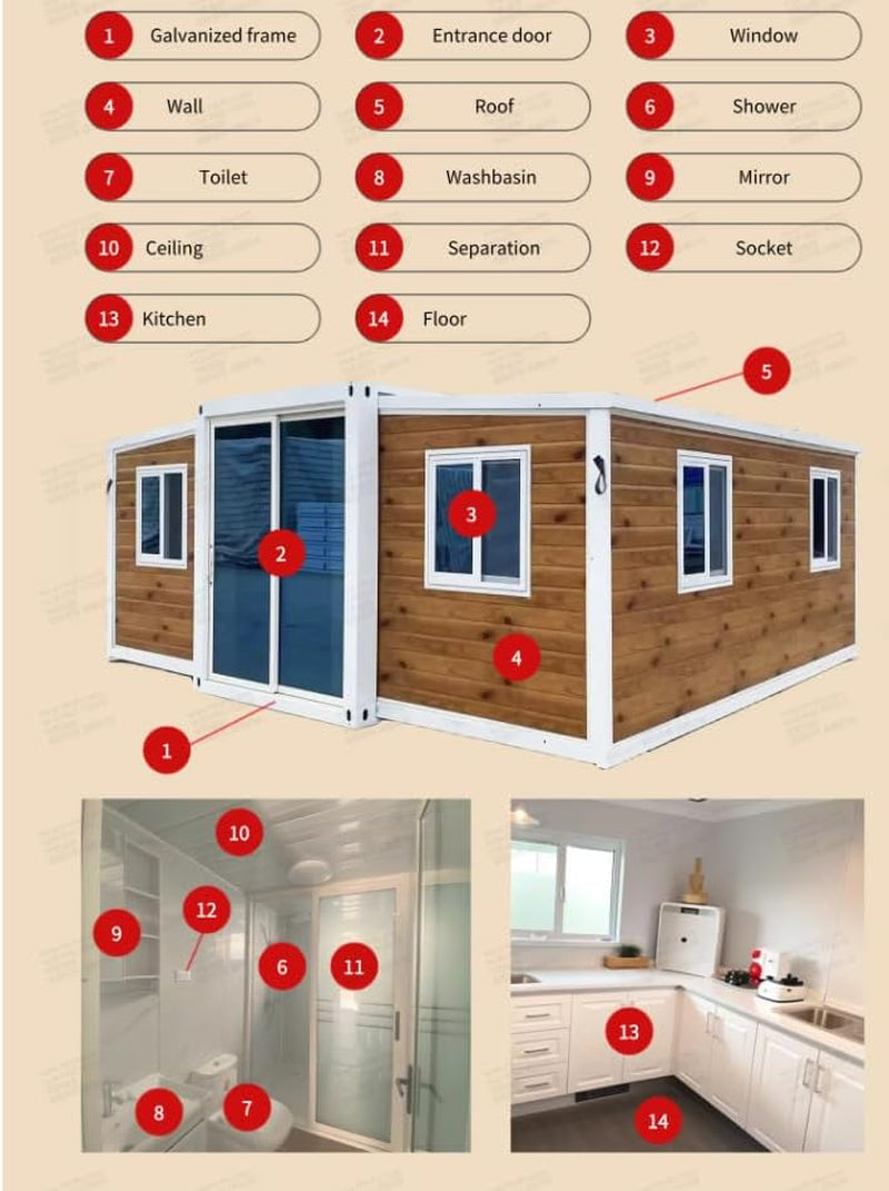 SEQ 20FT by 20Ft Tiny House to Live In, Portable Container Prefab House with 3 Bedrooms,1 Fully Equipped Bathroom, and Kitchen. 4 in 1 Foldable, Movable, Expandible,Weather-Resistant 30 Years Life