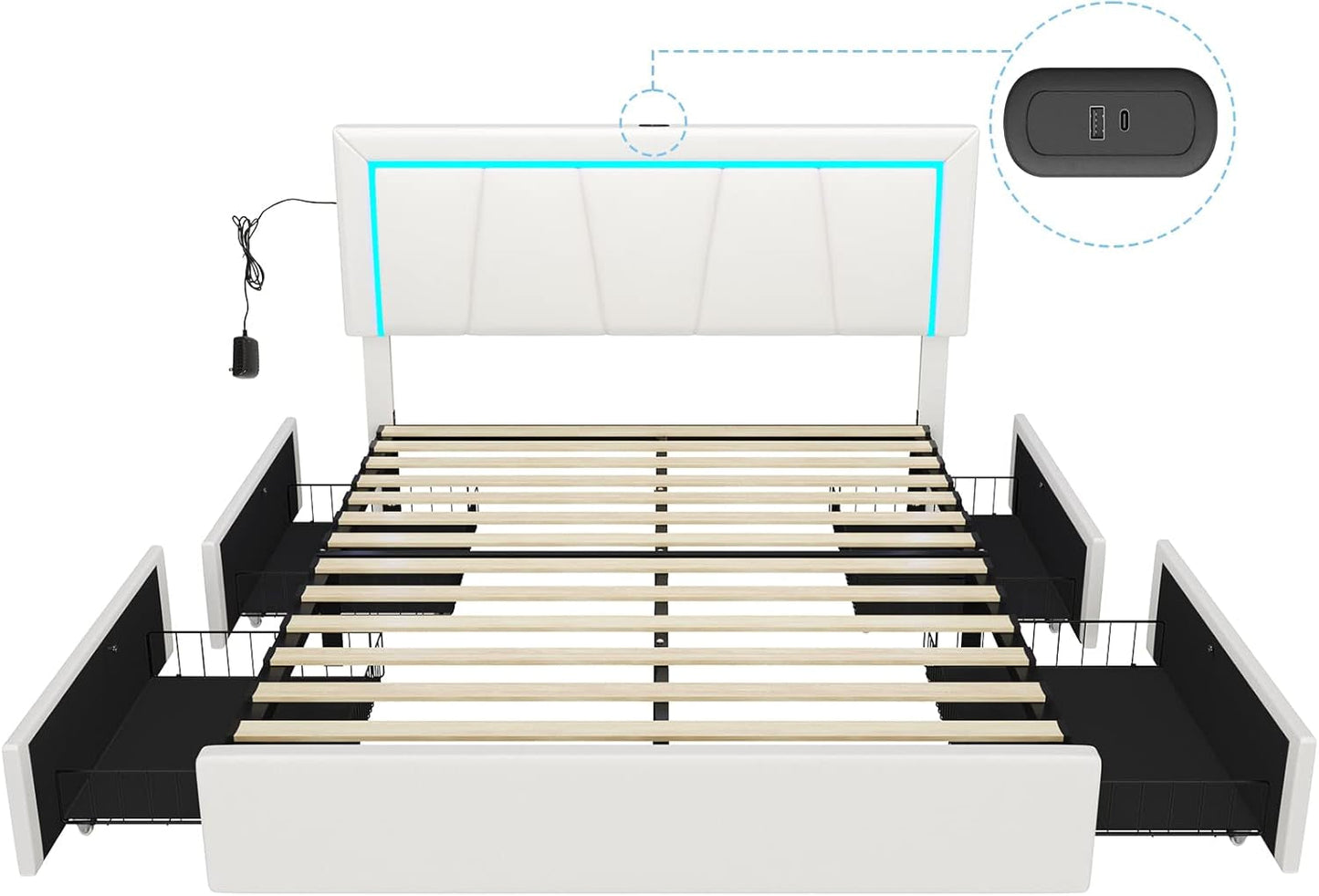 Queen Bed Frame with 4 Storage Drawers and LED Lights, Faux Leather Upholstered Platform Bed Frame Queen Size with USB Ports & Adjustable LED Headboard, No Box Spring Needed, Noise Free, White