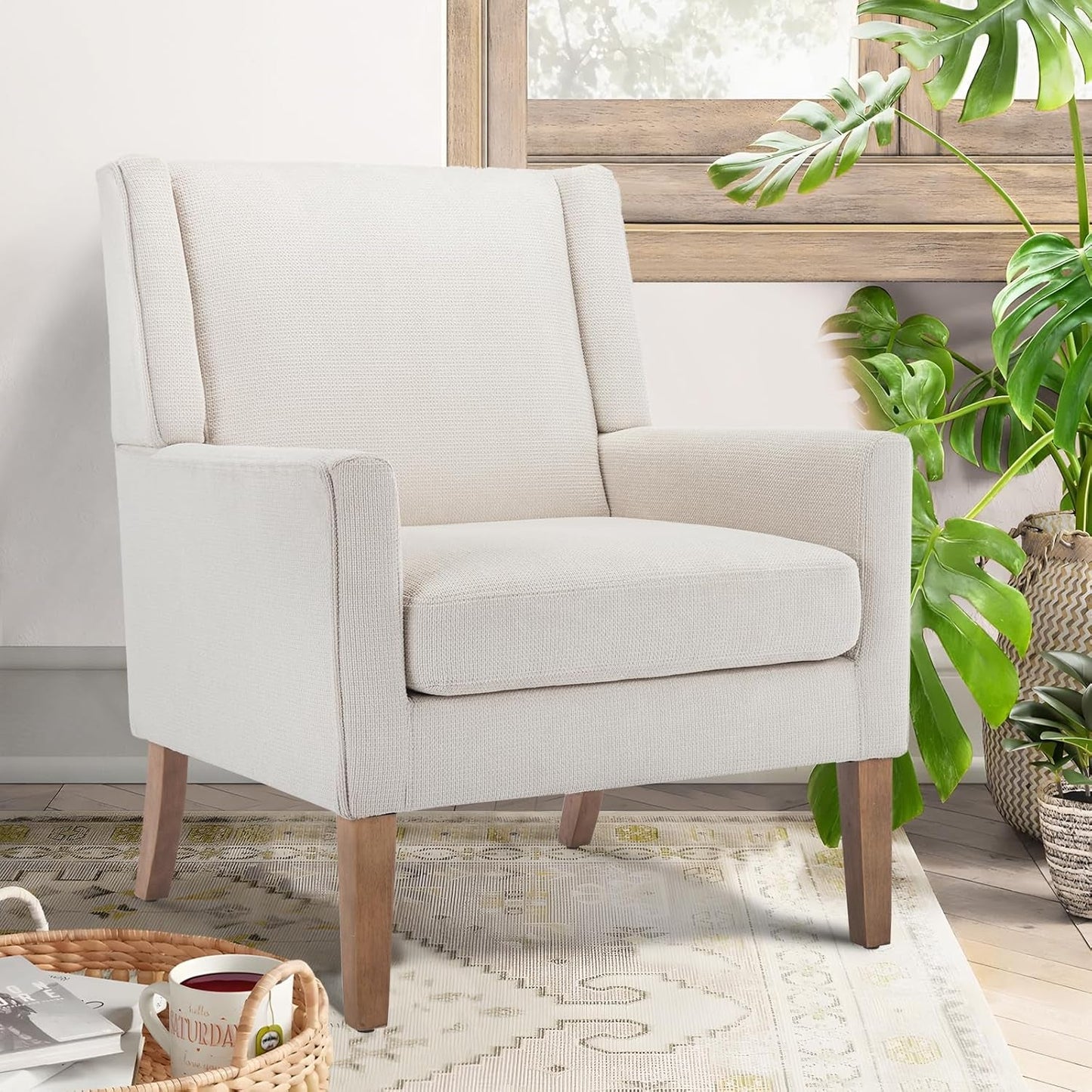 Modern Wingback Living Room Chair Set of 2, Upholstered Fabric Accent Armchair, Single Sofa Chair with Lounge Seat and Wood Legs for Bedroom/Office/Reading Spaces, Beige