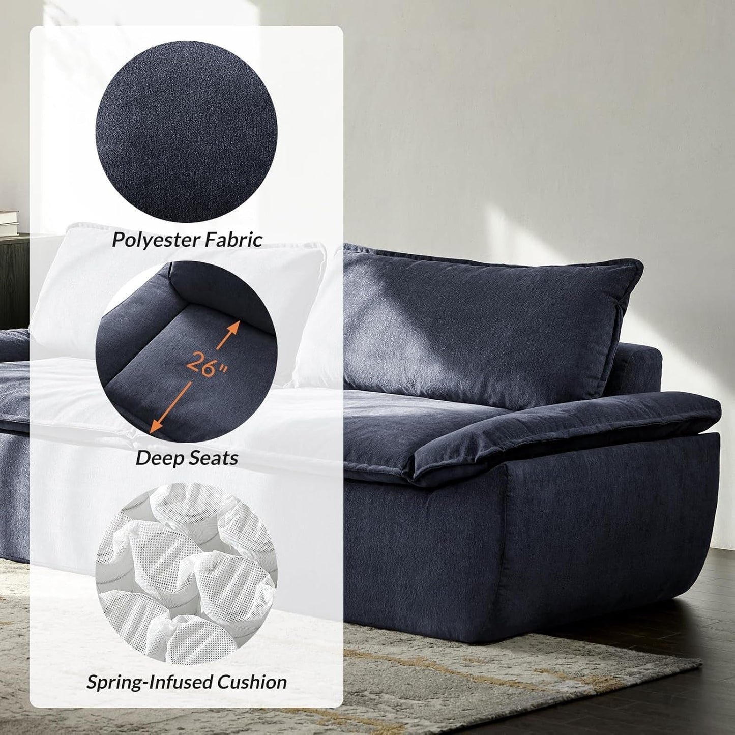 89" Oversized Boneless Couch, 3 Seater Compressed Foam Sofa with Deep Seat, Comfy Cloud Couch with Removable Seat and Back Cushions, No Assembly Required, Navy