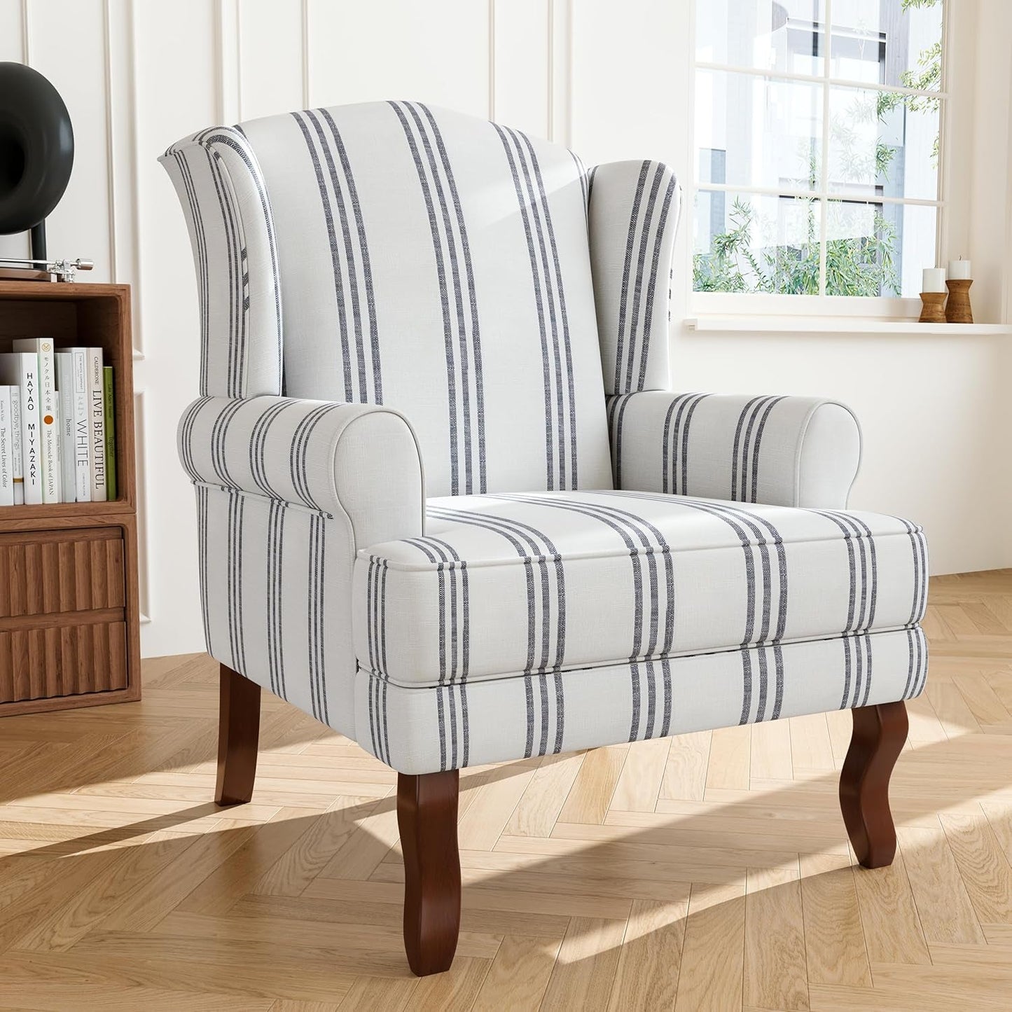 High Back Accent Chair, Upholstered Armchair in Fabric with Solid Wood Legs, Retro Arm Chair Comfy Single Sofa Reading Seat for Living Room - Navy Stripe